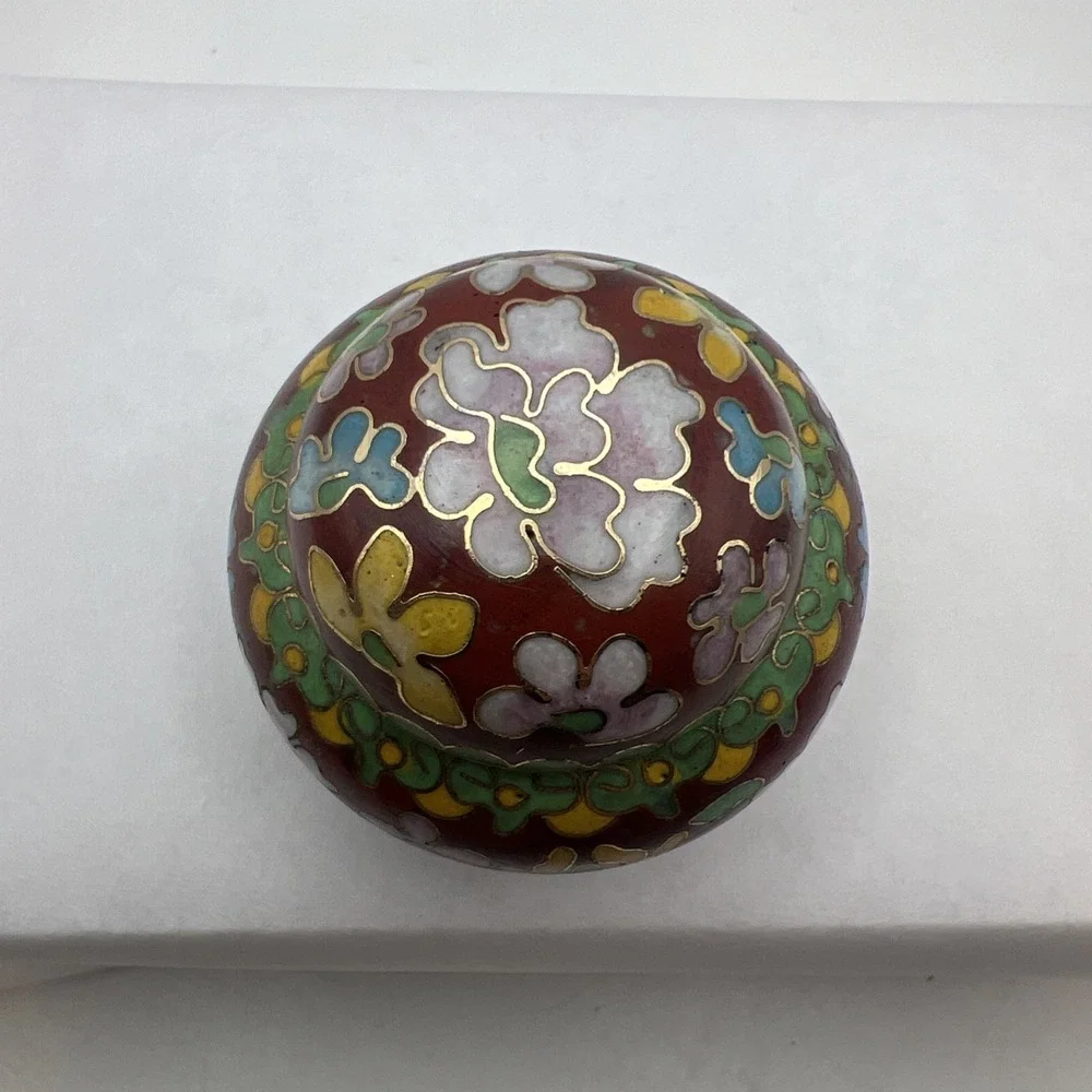 Vtg Small Chinese Floral Cloisonné Enamel Jar With Lid Exc Cond Trinket Bowl